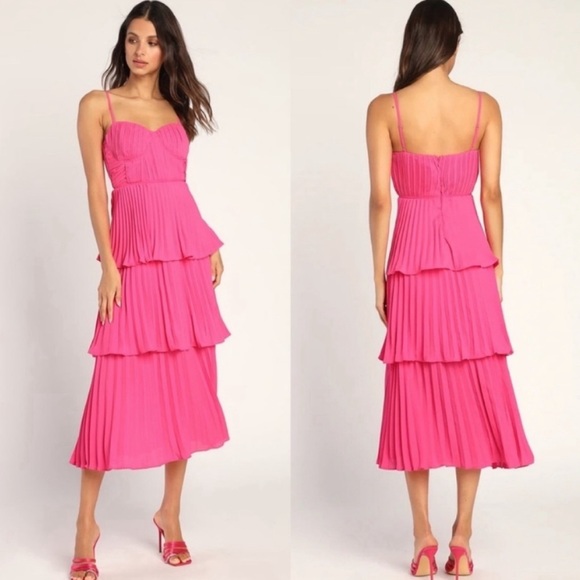 Lulus Dresses & Skirts - Cascading Crush Hot Pink Tiered Bustier Midi Dress